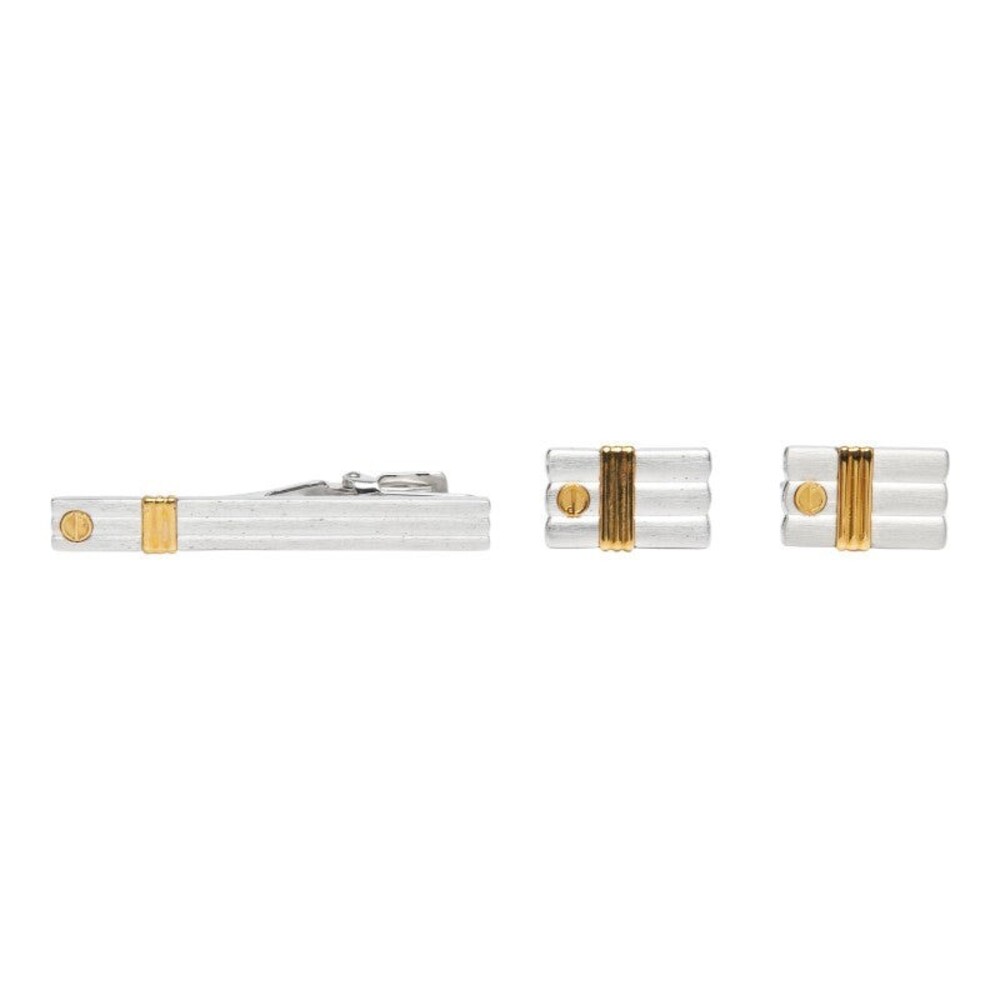 Dunhill Cufflinks Tie Clip Set Metal Plated Silver
